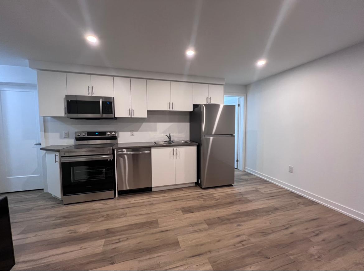 Open-concept kitchen and living area with stainless steel appliances and wood-look flooring